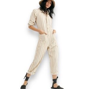 Free People Gia Jumpsuit in Neutral Ivory Tan  Stripe Long Sleeve Button Front